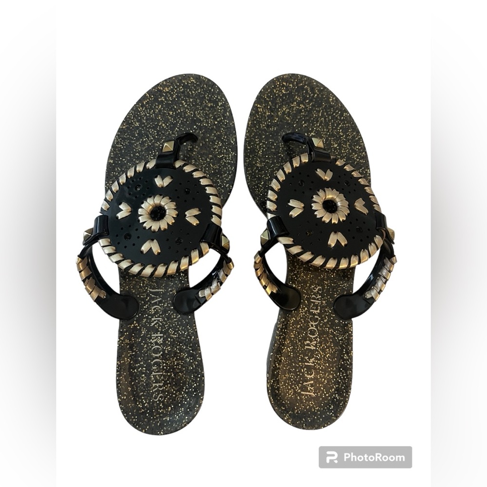 Jack Rogers black and gold georgica jelly sandal 6